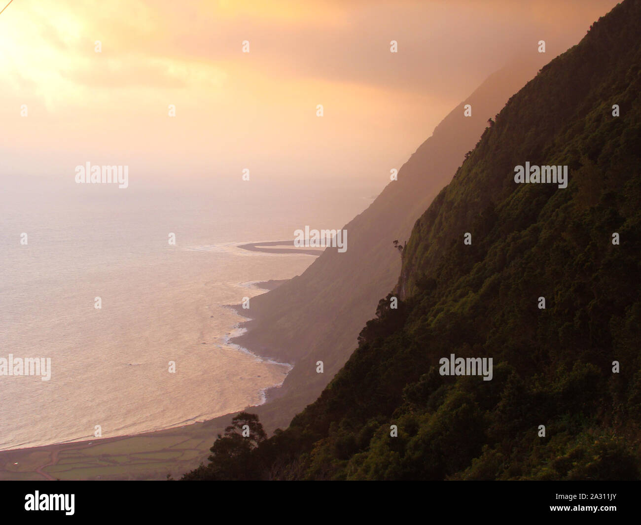 Coastal lagoons and steep sea cliffs in Sao Jorge island, Azores archipelago (Mid-Atlantic, Portugal) Stock Photo