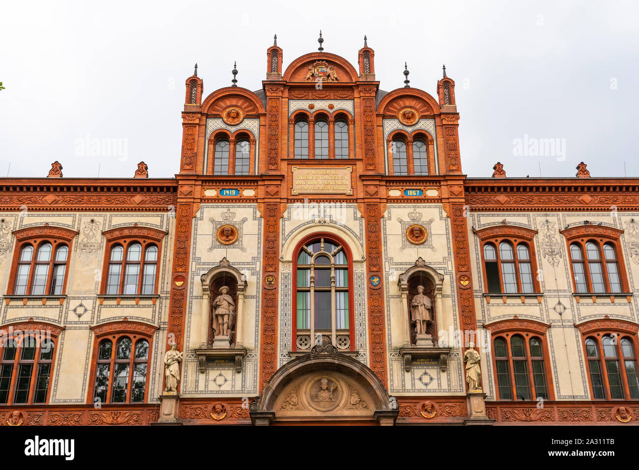 The facade of the Rostock University building in Rostock, Germany