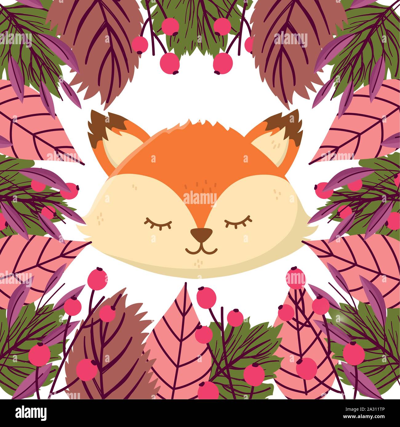 cute fox face leaves seeds foliage hello autumn vector illustration ...