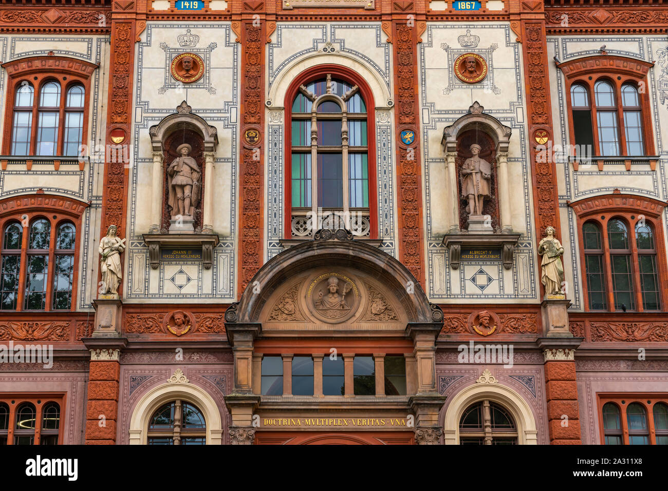 The facade of the Rostock University building in Rostock, Germany