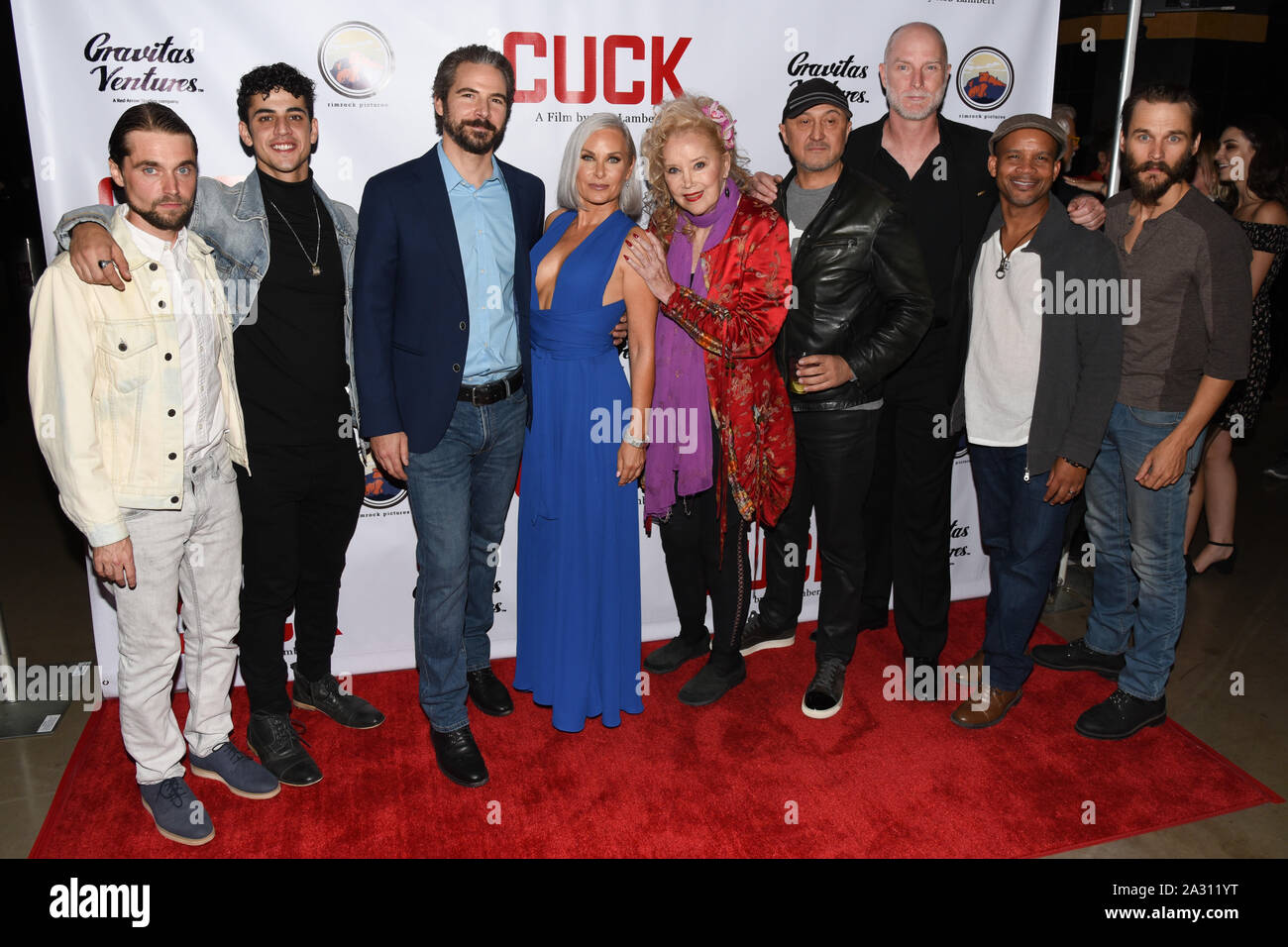 October 3, 2019, Los Angeles, California, USA: 03 October 2019 - Hollywood, California - (L - R) Zachary Ray Sherman, Adam Elshar, Rob Lambert, Monique Parent, Sally Kirkland, Timothy B. Murphy, Hugo Armstrong, Patrick Y. Malone, Travis Hammer. ''CUCK'' Los Angeles Premiere held at TCL Chinese Theater. Photo Credit: Billy Bennight/AdMedia (Credit Image: © Billy Bennight/AdMedia via ZUMA Wire) Stock Photo