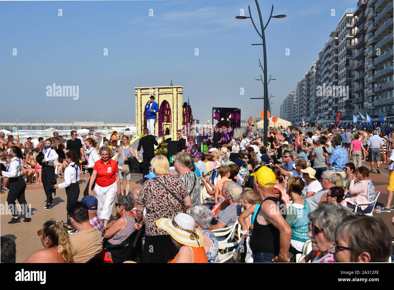 Blankenberge, West Flanders/ Belgium - August 25, 2019:: Beach festivity  flower corso floats, in Flemish called 'Bloemencorso'. Stock Photo