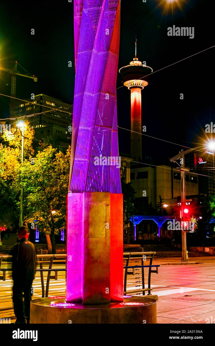 Calgary Tower and sculptural light, City Hall transit station, Calgary, Alberta, Canada Stock