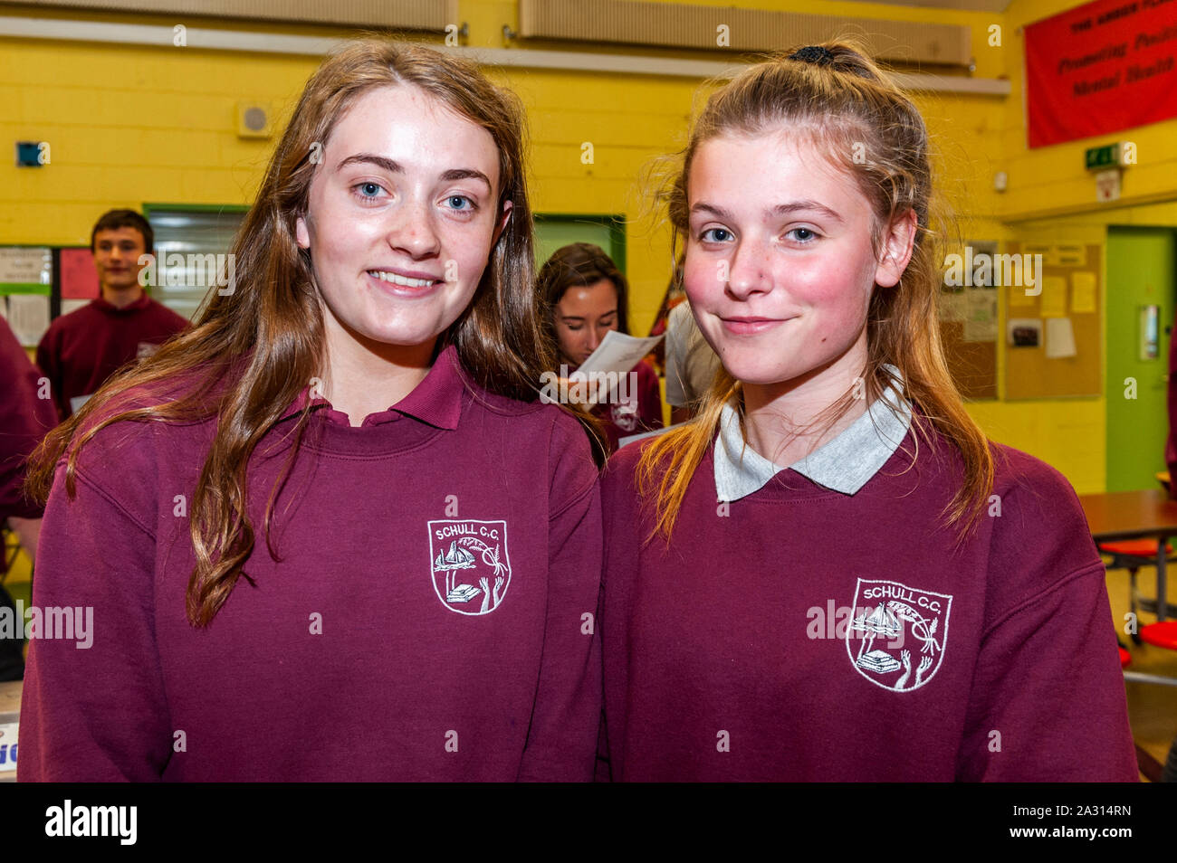 Schull, West Cork, Ireland. 4th Oct, 2019. Over 64,000 students around Ireland received their Junior Cert results this afternoon. In Schull Community College, West Cork, many students were beside themselves with happiness on seeing their results. Emma Roycroft, Schull and Amy O'Driscoll from Goleen were pleased with theur results. Credit: Andy Gibson/Alamy Live News. Stock Photo
