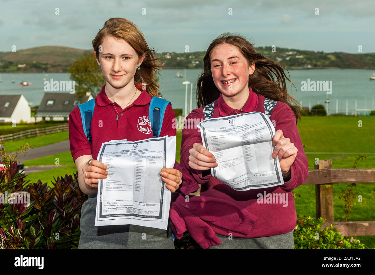 Schull, West Cork, Ireland. 4th Oct, 2019. Over 64,000 students around Ireland received their Junior Cert results this afternoon. In Schull Community College, West Cork, many students were beside themselves with happiness on seeing their results. Pictured with their results are Belle Melvin-Caird, Ballydehob and Madeline Stanley, Schull. Credit: Andy Gibson/Alamy Live News. Stock Photo