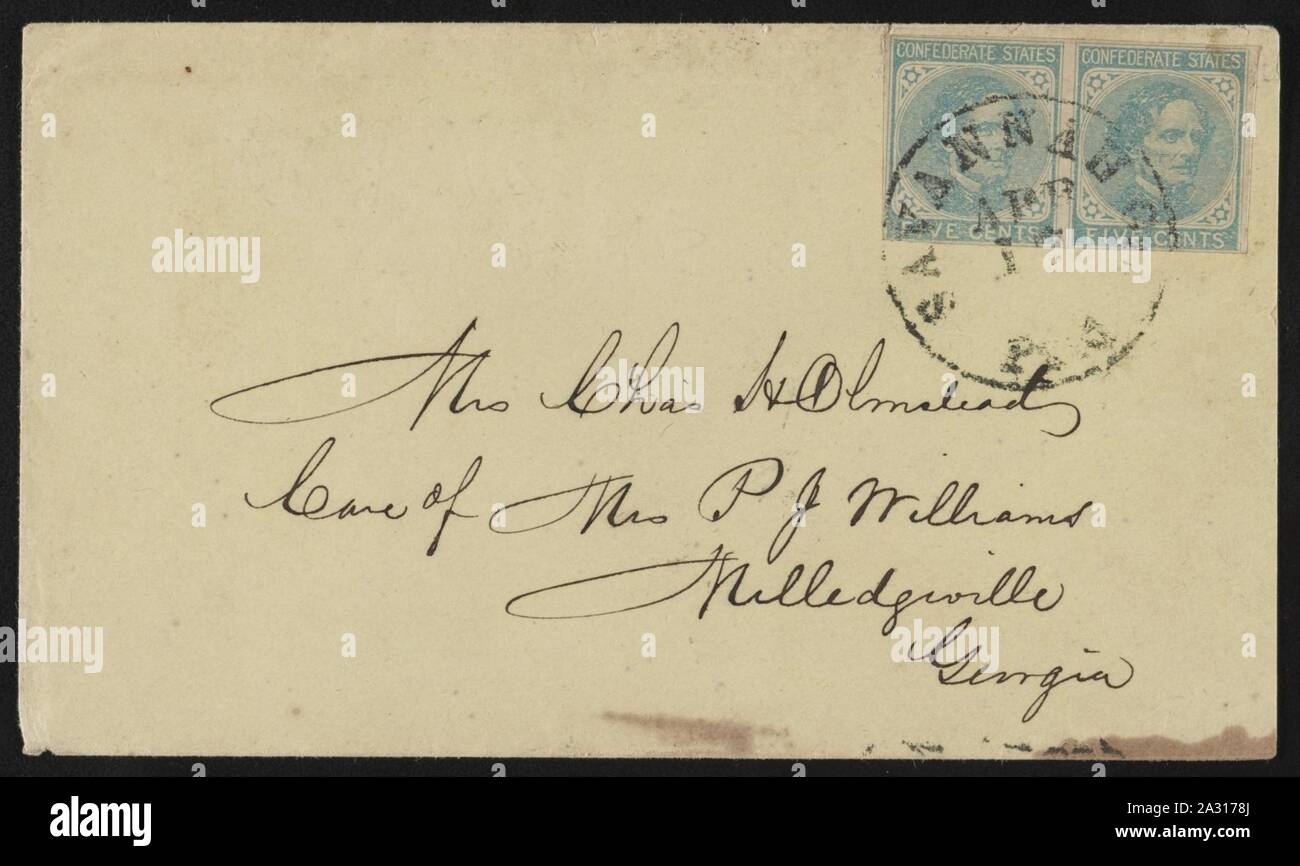 Envelope addressed to Mrs. Chas. H. Olmstead, care of Mrs. P. J. Williams, Milledgeville, Georgia; postmarked Savannah Stock Photo