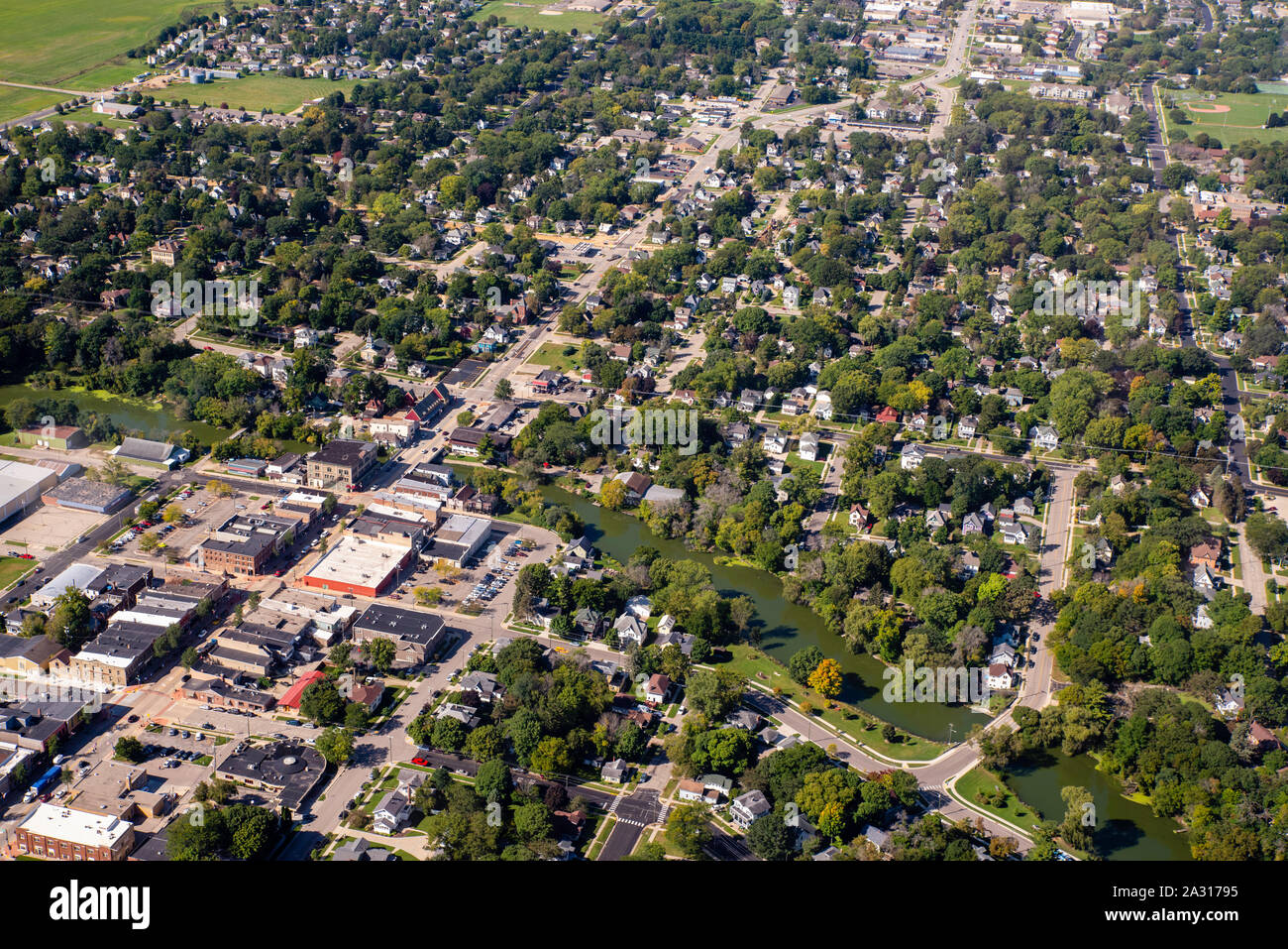 Aerial photograph of beautiful, historic Stoughton, Wisconsin, USA