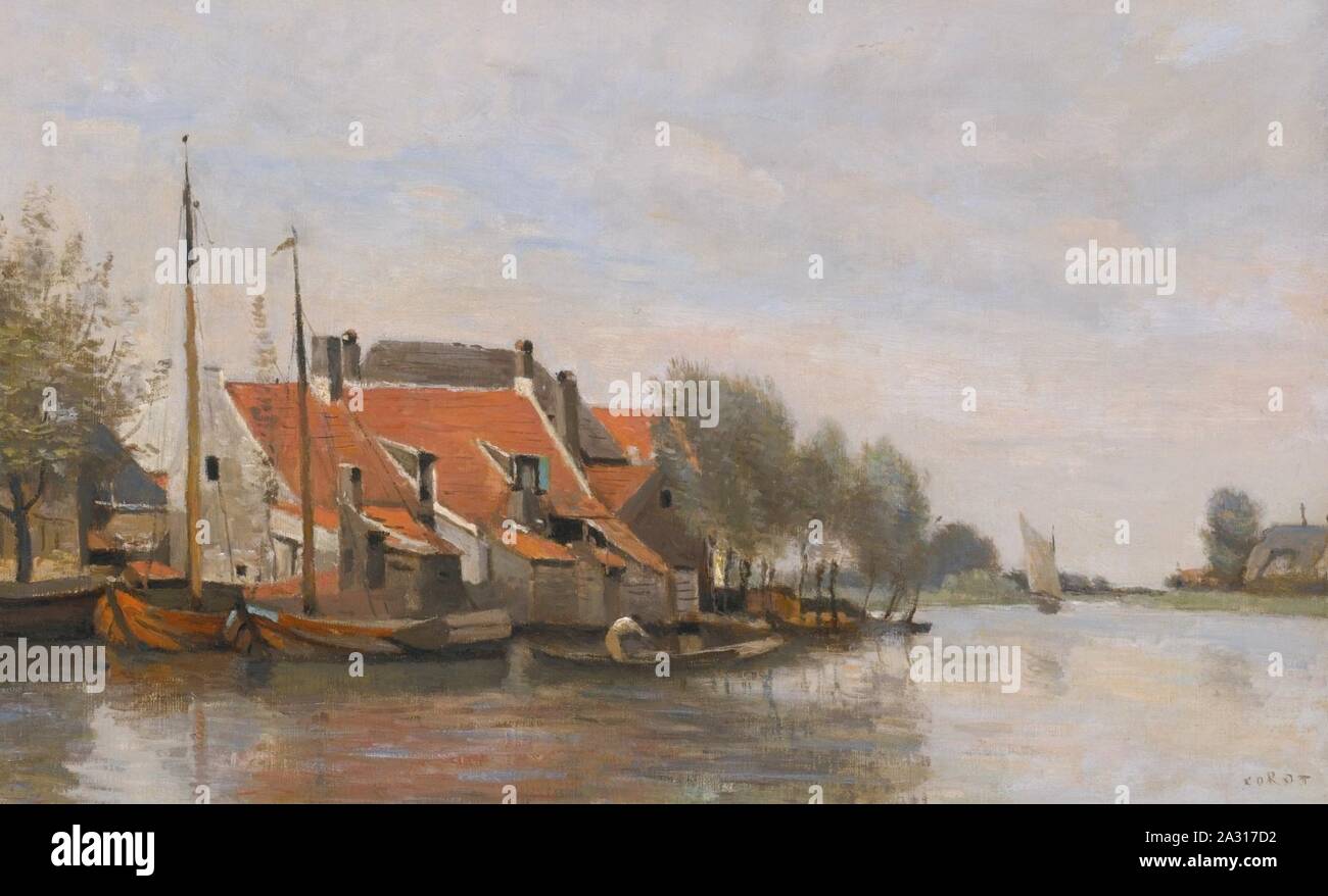 Environ de Rotterdam - petites maisons au bord d'un canal, by Jean-Baptiste-Camille Corot. Stock Photo