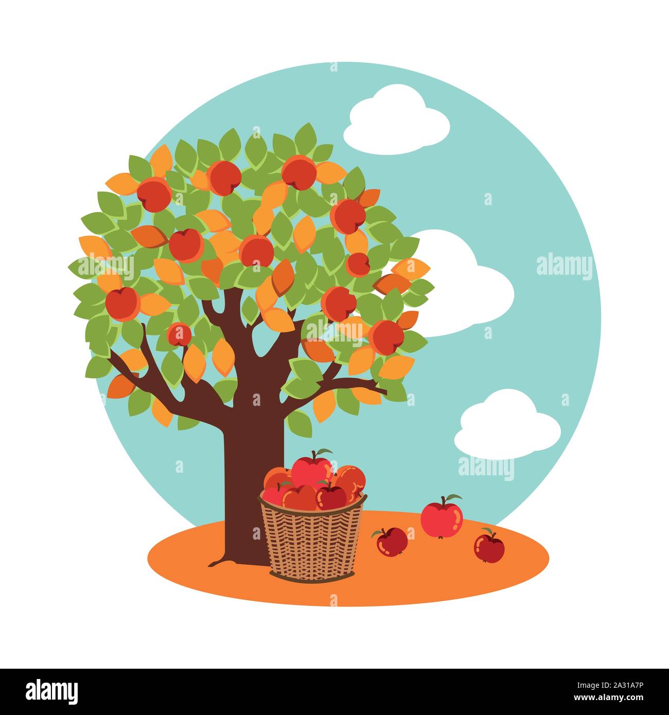 tree of apples in autumn with basket wicker Stock Vector Image & Art ...