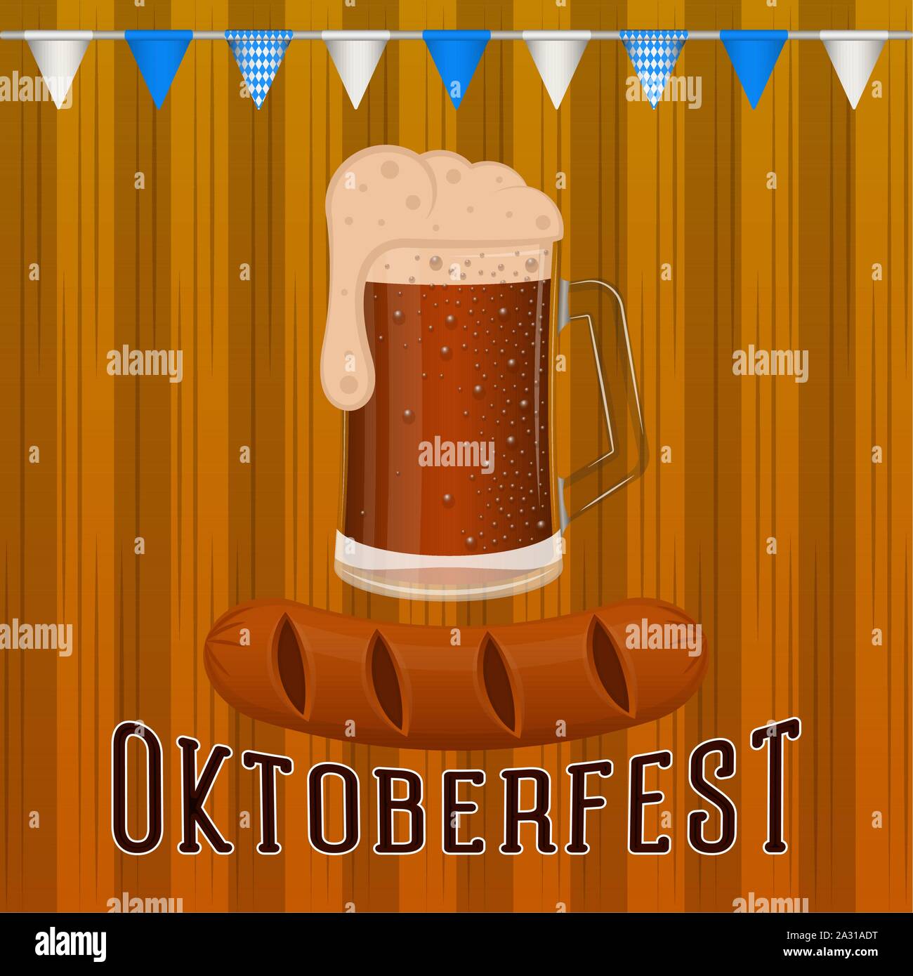 Oktoberfest poster with a beer mug and sausage - Vector illustration ...