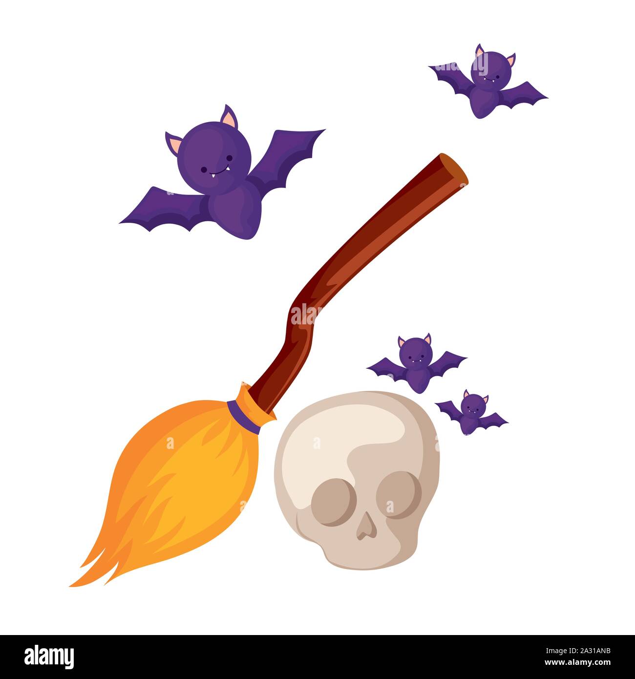 bats flying halloween with broom witch and skull vector illustration ...