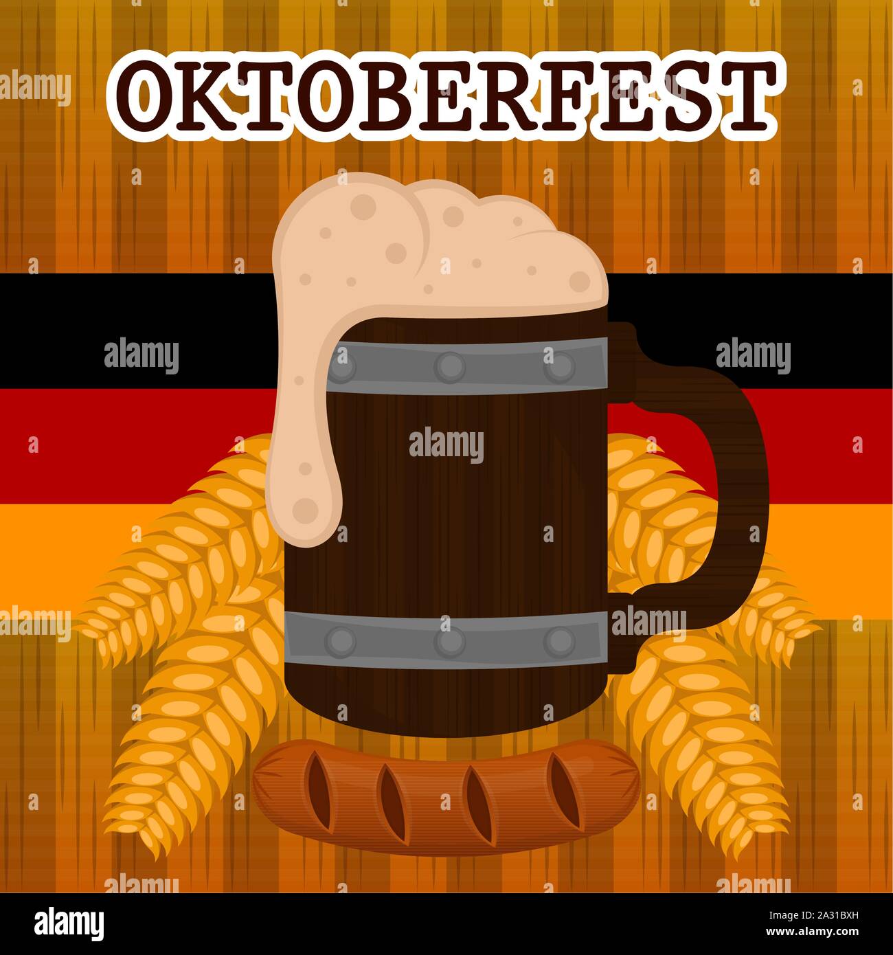 Oktoberfest poster with a beer wooden mug, sausage and wheats - Vector ...