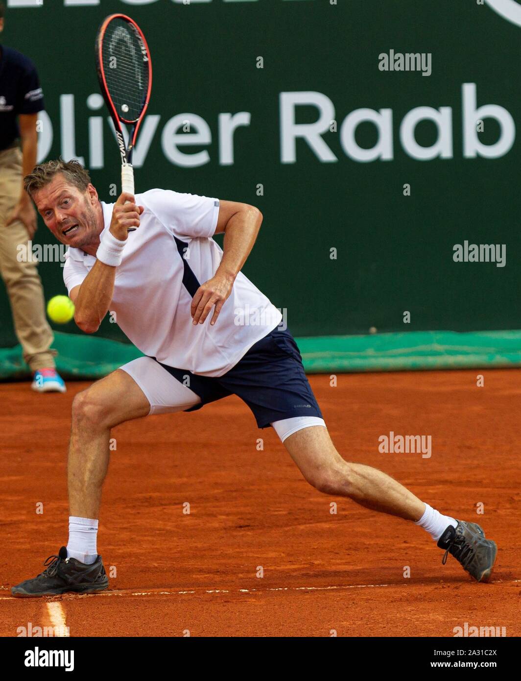 Palma De Mallorca, Spain. 04th Oct, 2019. Former Swedish player Thomas  Enquist in action against former Spanish player Juan Carlos Ferrero during  their Legends Cup tennis tournament first round match at Palma