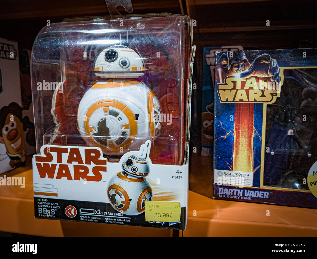 Barcelona, Spain. October 2019: Star Wars BB-8 figure toy on shelve in shopping mall. Stock Photo