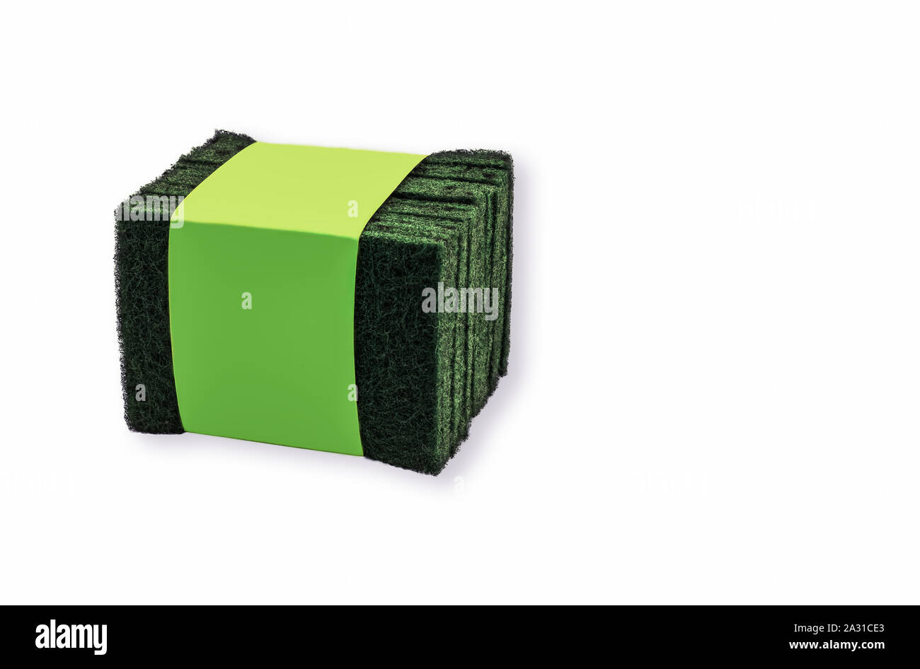 Green Scouring Pads Tied up white background washing up rough texture Stock Photo