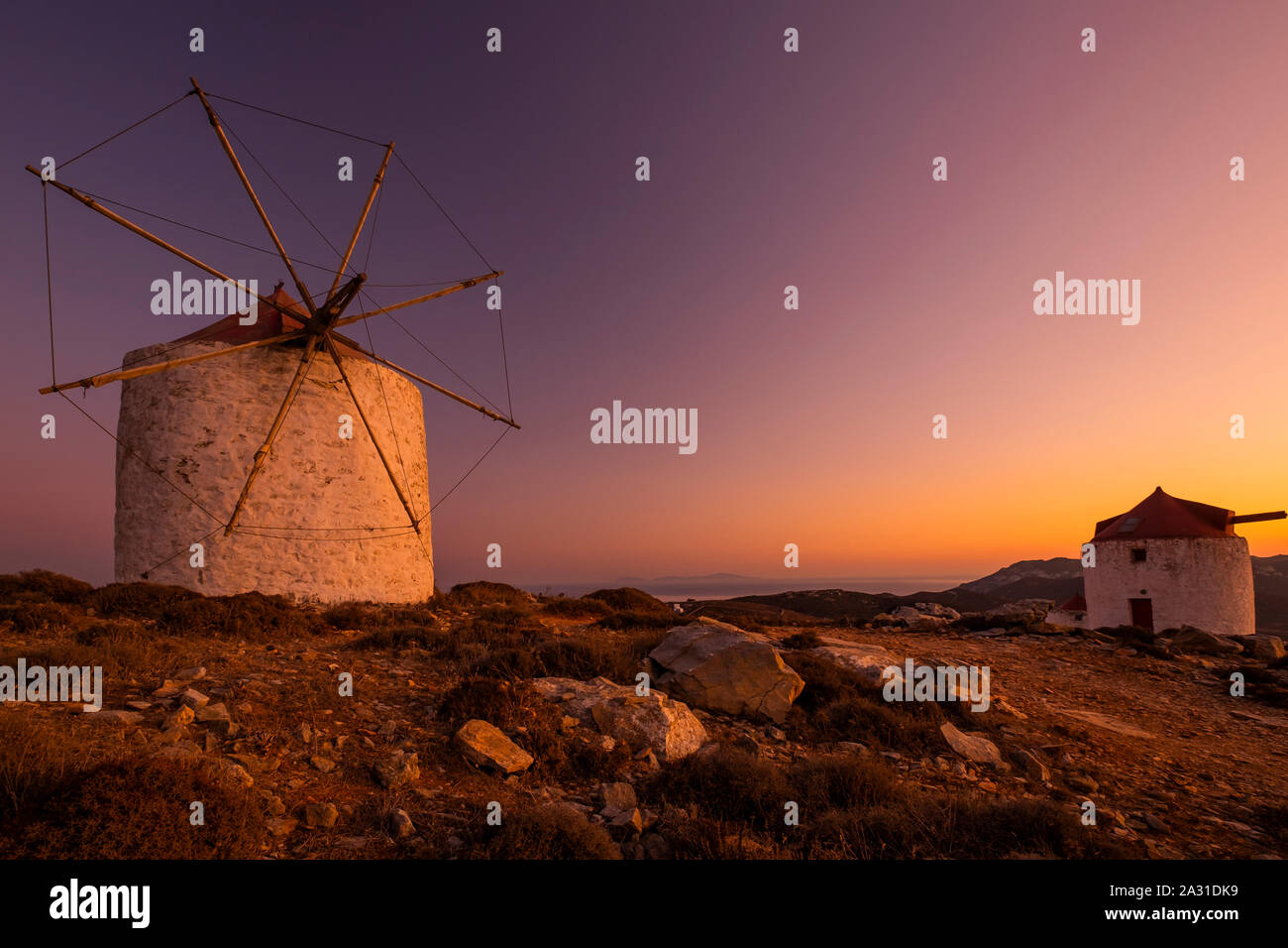 Sunset at the windmills of Hora, Amorgos island. Cyclades, Greece Stock Photo