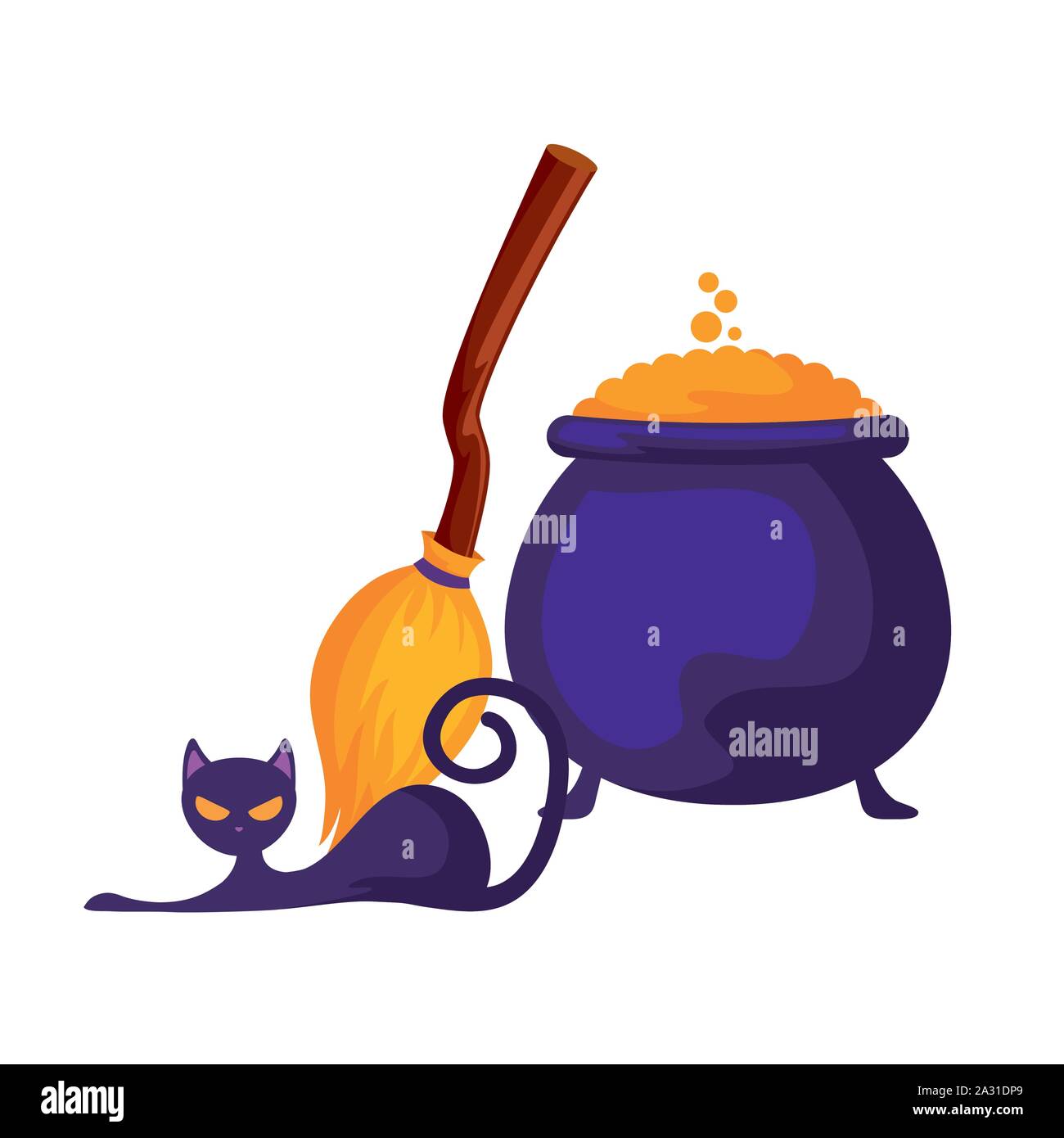 cauldron halloween with broom of witch and cat vector illustration ...