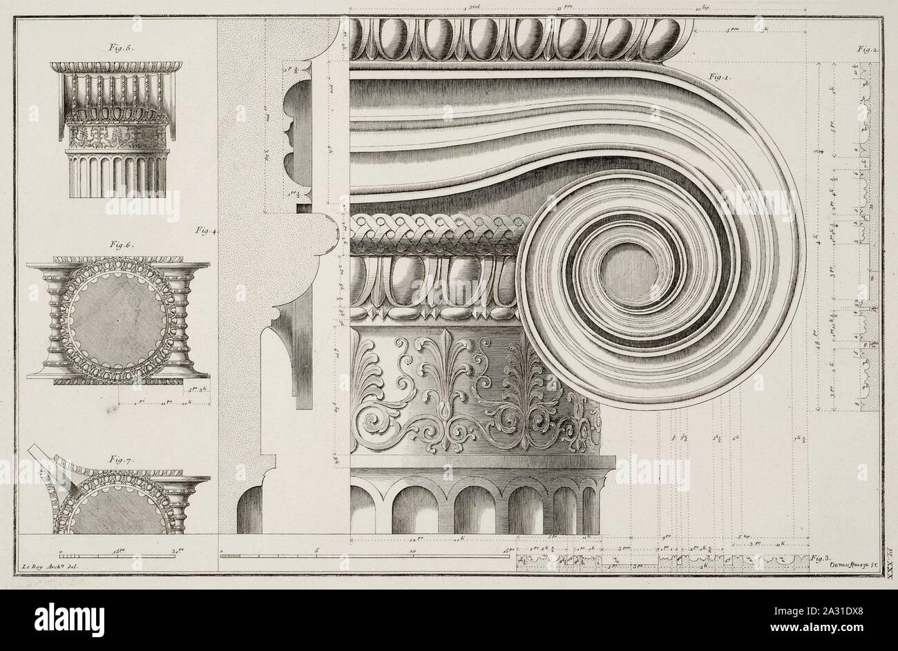 Erechtheion- 1 View of Ionic capital 2 and 3 Section plans of the helix of Ionic capital 4 Section plan of the capital 5 - Le Roy Julien David - 1770. Stock Photo