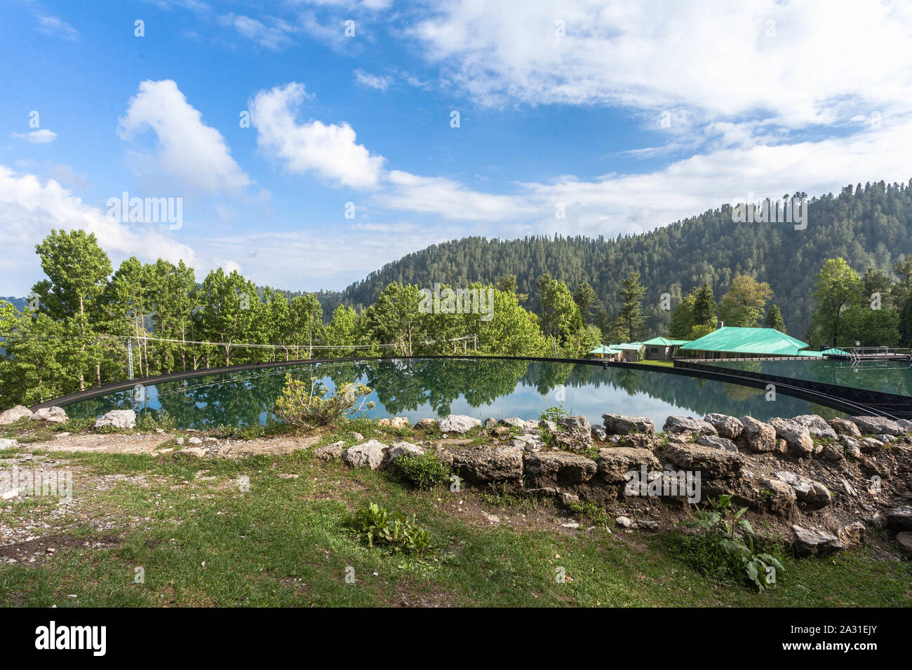 Water Storage Tank for the community of Ayubia, Donga Gali, Pakistan. Stock Photo