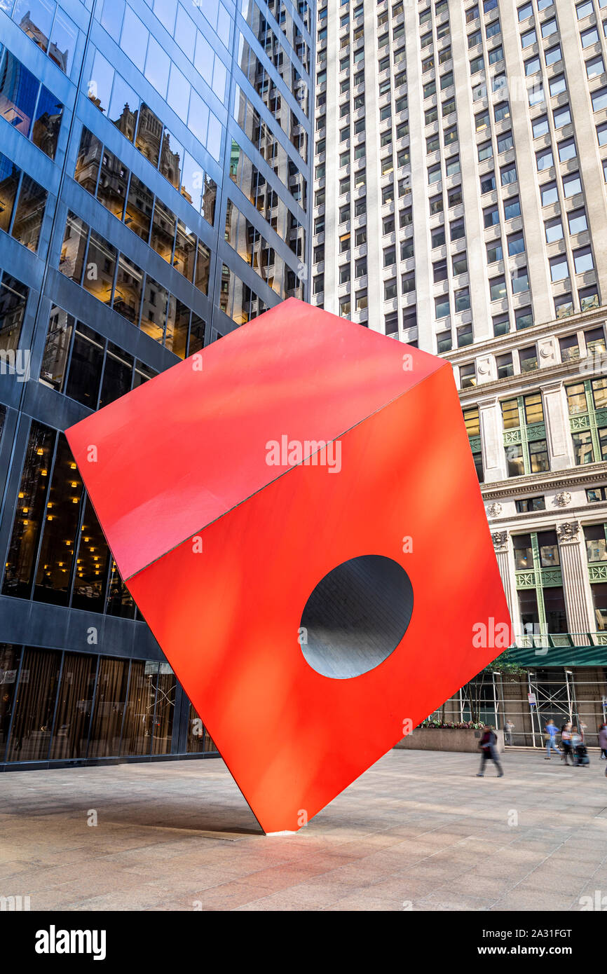 Isamu Noguchi's iconic sculpture Red Cube in Lower Manhattan, New York City, USA. Stock Photo