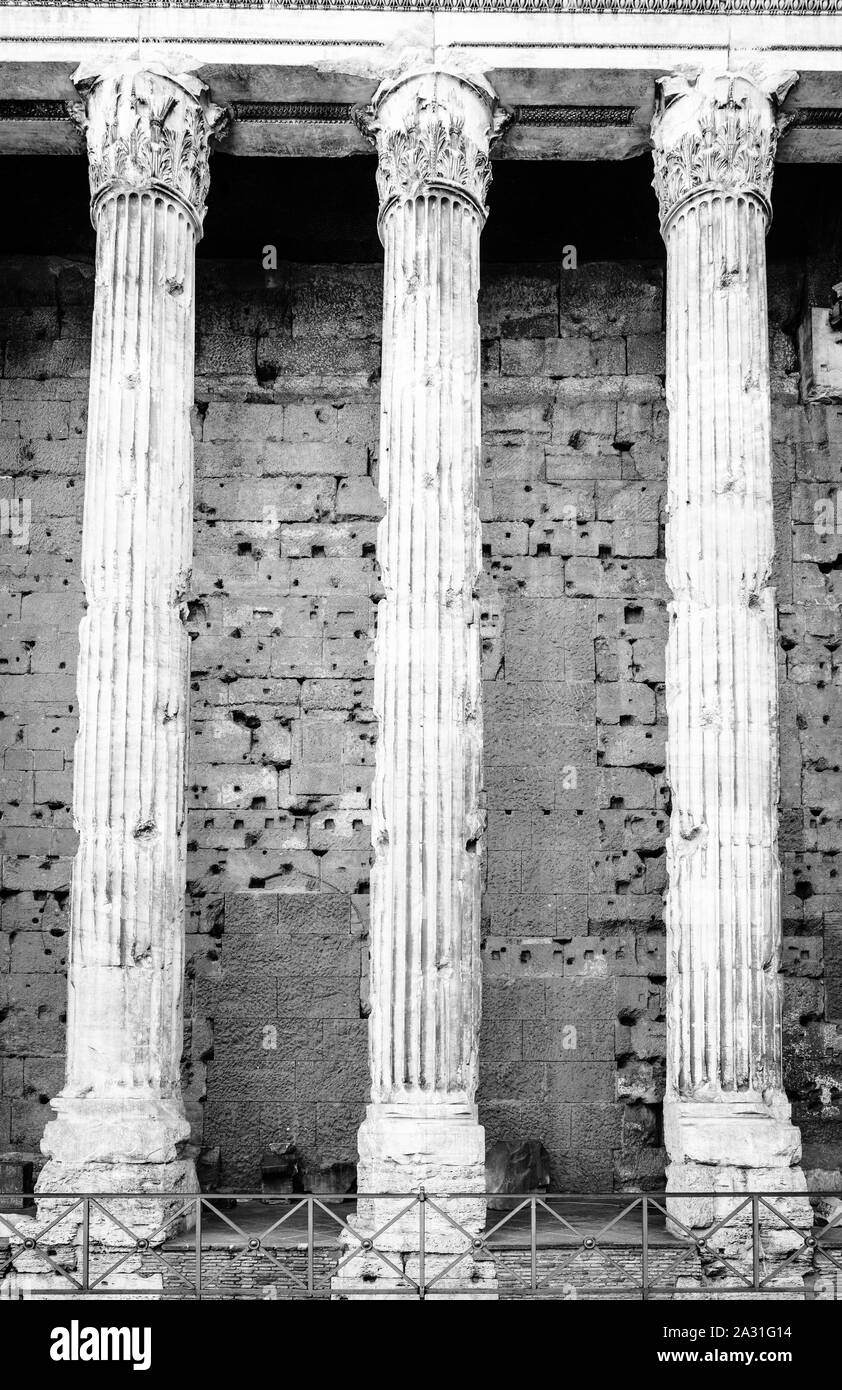 Fragment of facade of Temple of Hadrian in Rome, Italy Stock Photo