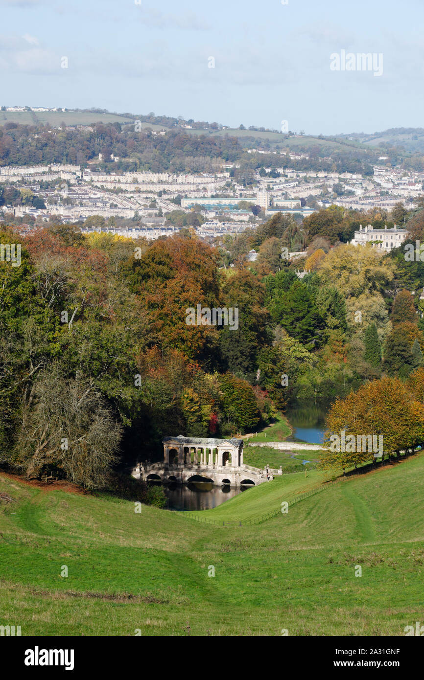 Prior Park Landscape Garden with the city of Bath in the distance. Bath. UK. Stock Photo
