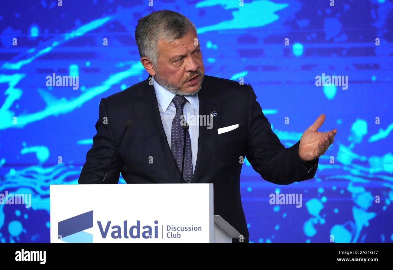 Jordanian King Abdullah delivers remarks at the Valdai Discussion Club hosted by Russian President Vladimir Putin October 3, 2019 in Sochi, Russia. Stock Photo