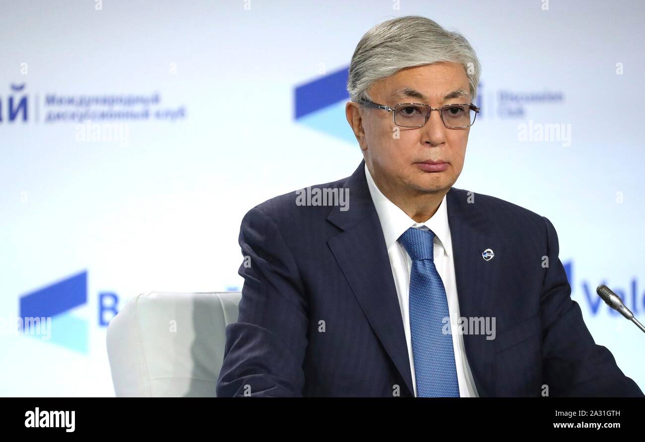Kazakhstan President Kassym-Jomart Tokayev during the Valdai Discussion Club hosted by Russian President Vladimir Putin October 3, 2019 in Sochi, Russia. Stock Photo