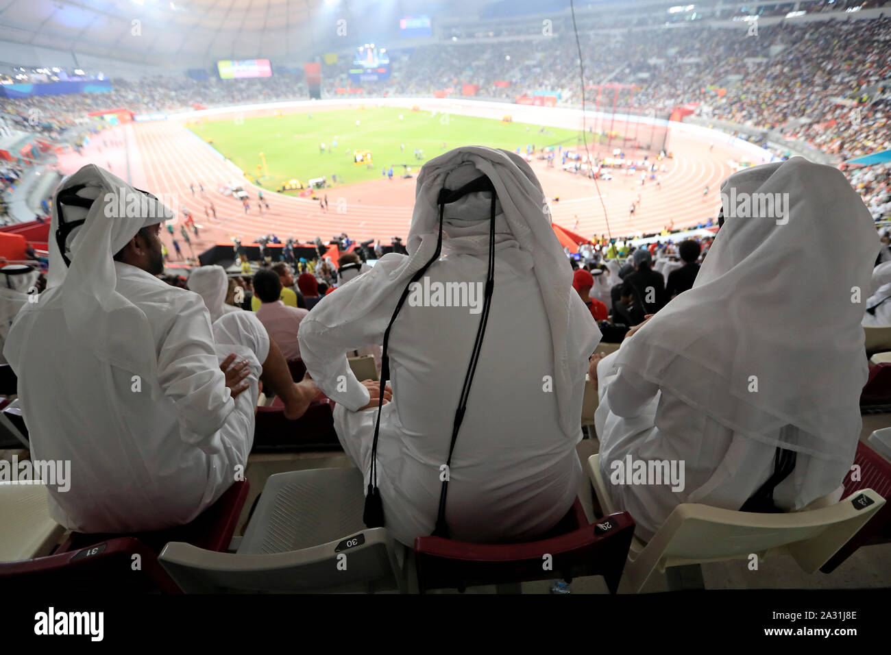 Fans in the stands during day eight of the IAAF World Championships at The Khalifa International Stadium, Doha, Qatar. Stock Photo