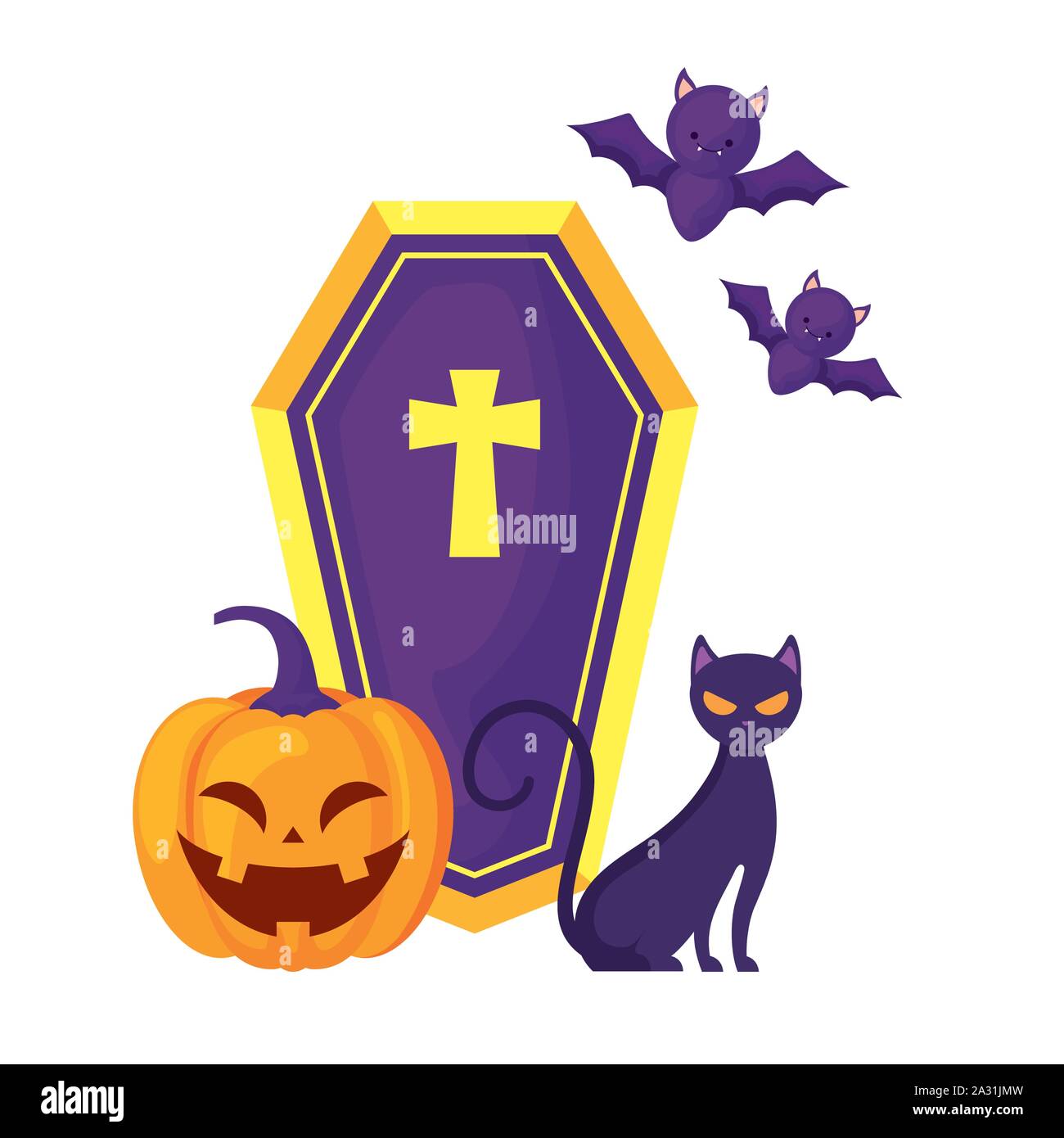 pumpkin with coffin and icons halloween vector illustration design ...