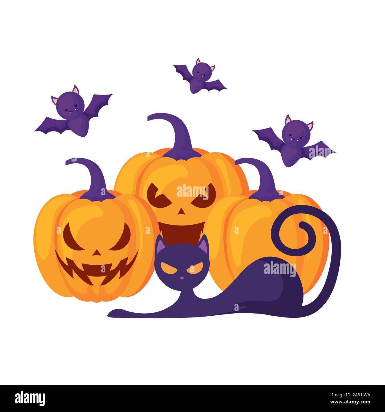 halloween pumpkins with cat and bats flying vector illustration design ...