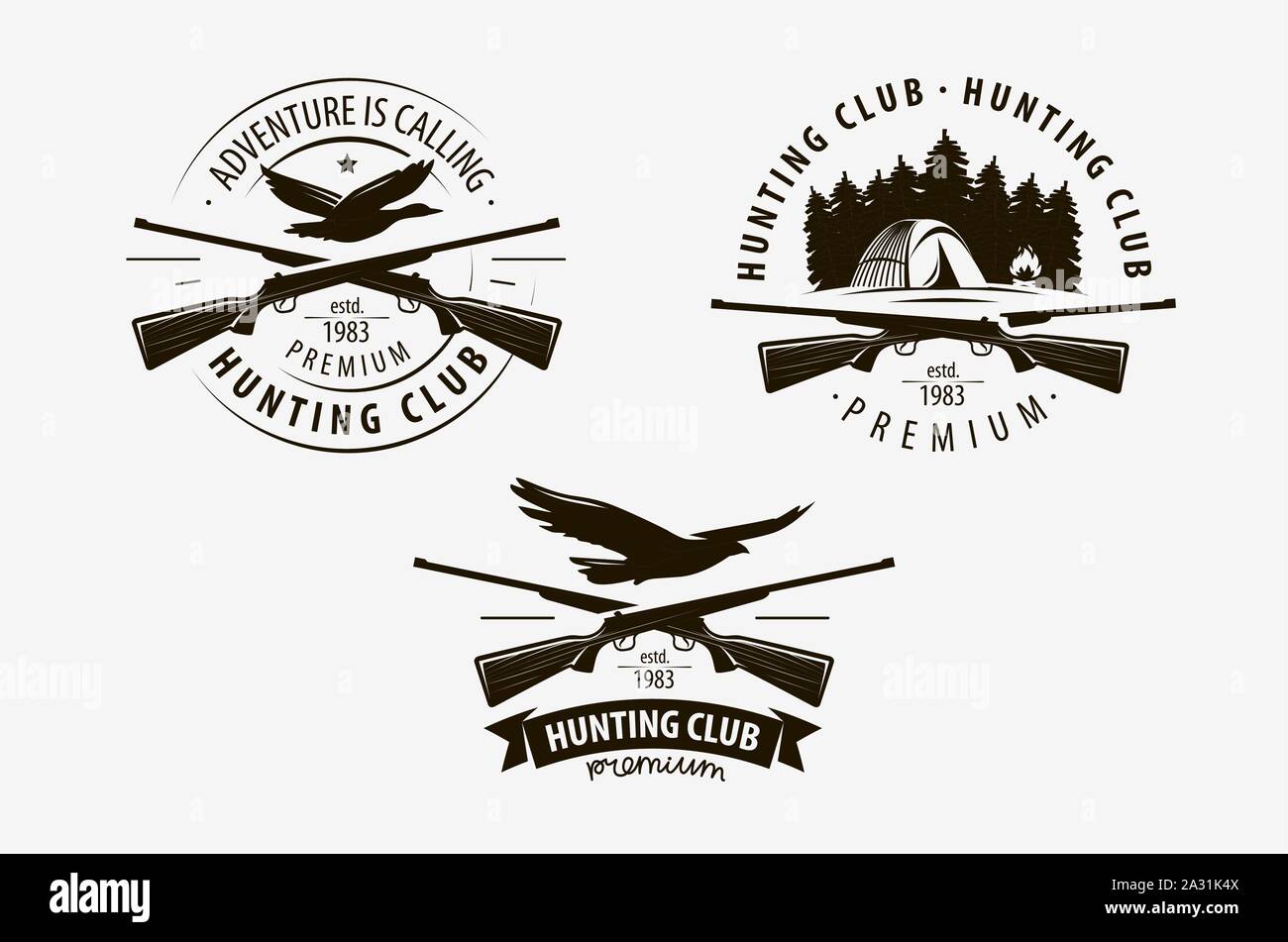 Hunting club set of labels. Hunt logo. Vector illustration Stock Vector