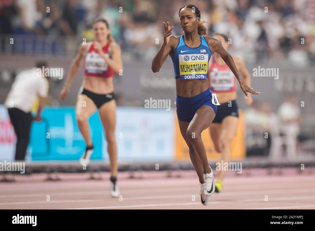 Doha, Qatar. 04th Oct, 2019. Athletics, IAAF World Championship at Khalifa  International Stadium: 400 meters hurdles, women, final. Delilah Muhammad  from the USA wins the race in world record time. Credit: Oliver