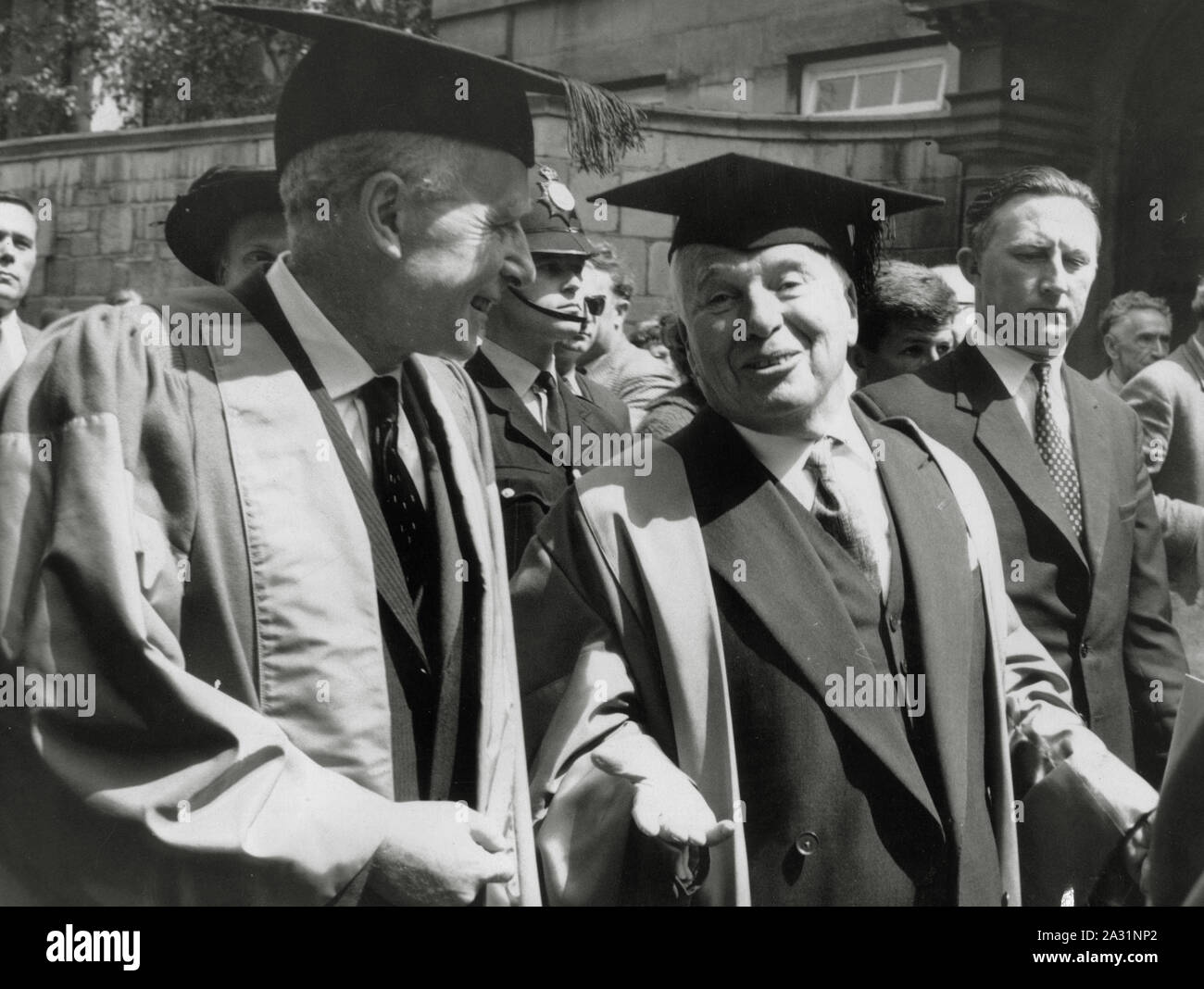 Professor Ostrogorsky and Charles Chaplin after receiving honorary doctorates at Oxford