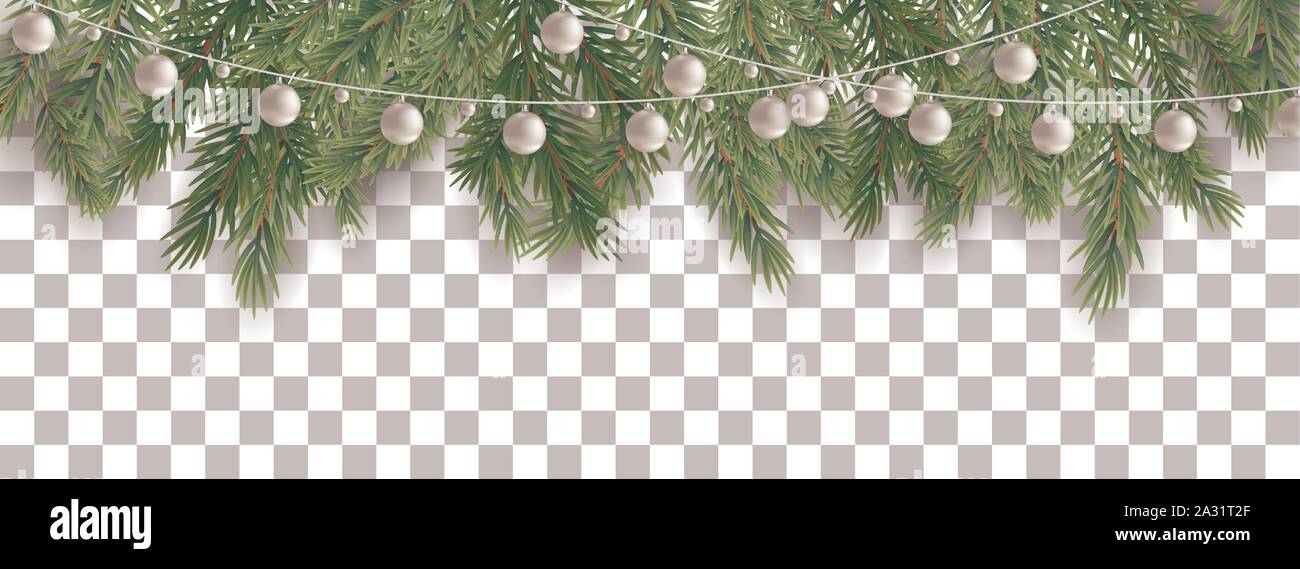 Merry Christmas and happy New Year border of tree branches and garland ...
