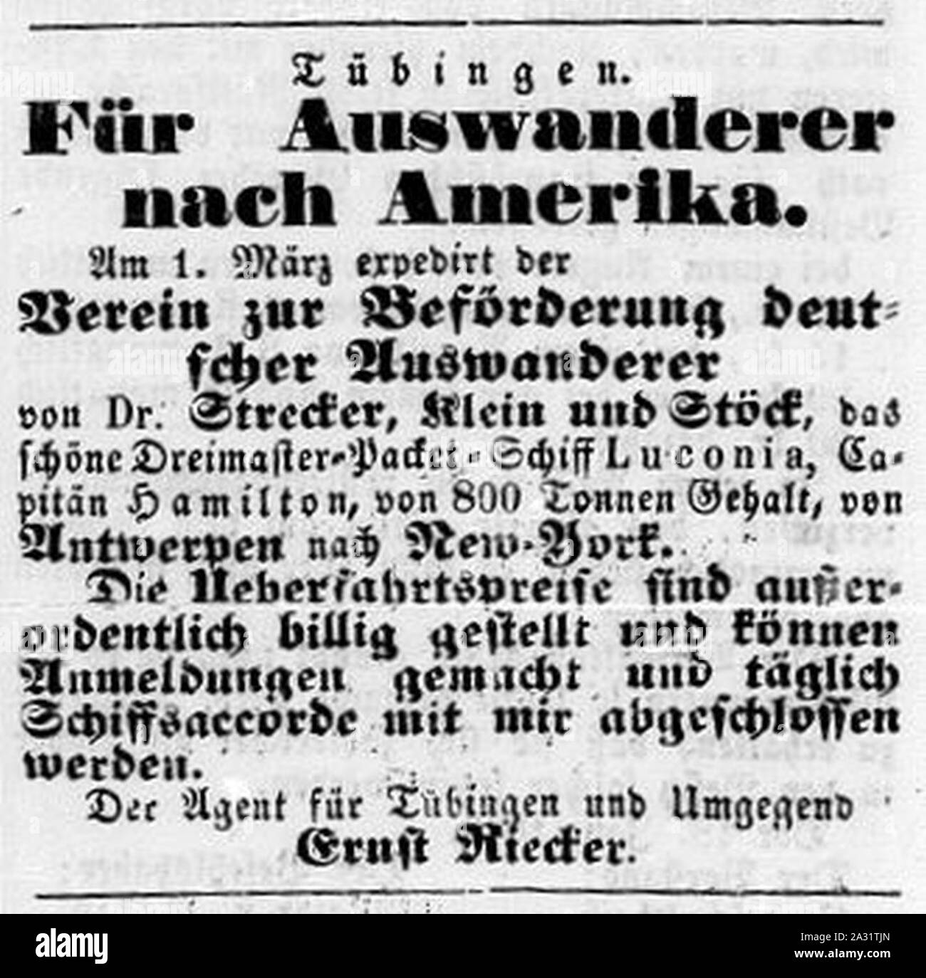 Ernst Rieckers Anzeige für Auswanderer nach Amerka. Stock Photo