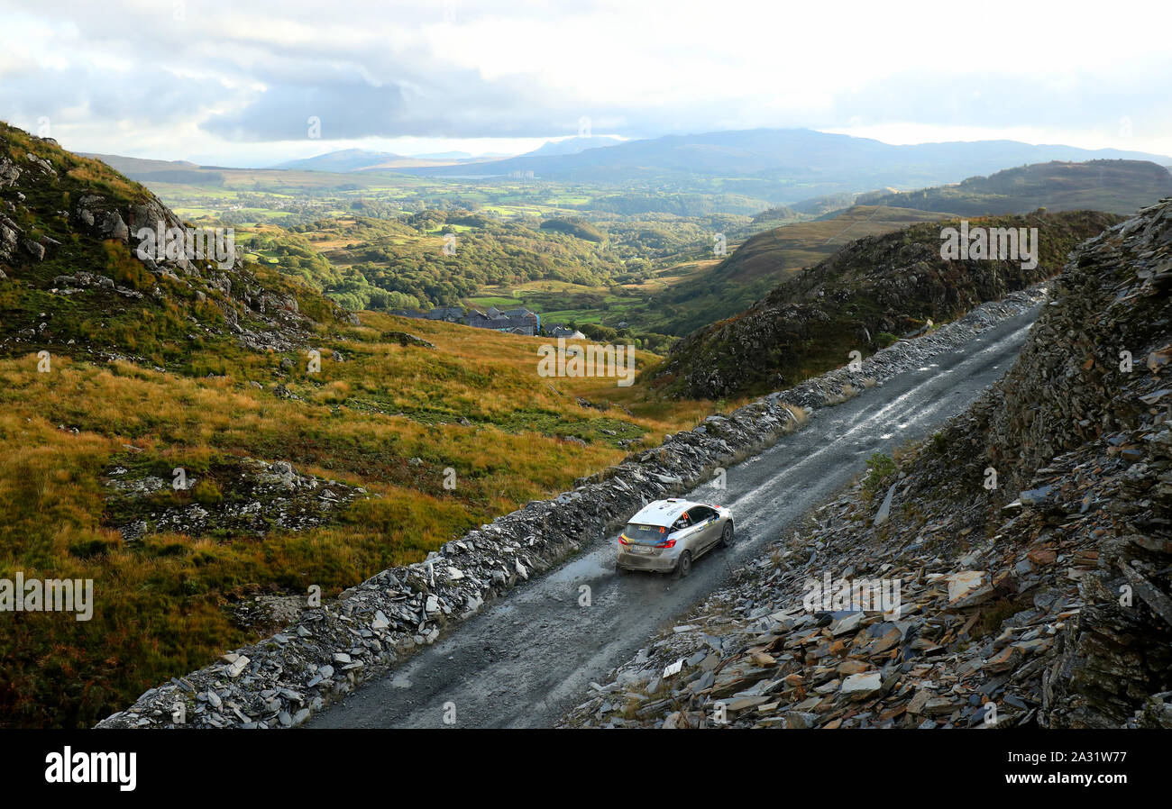 Great Britain’s Tom Williams and Phil Hall in the Ford Fiesta R2 during day two of the Wales Rally GB. Stock Photo