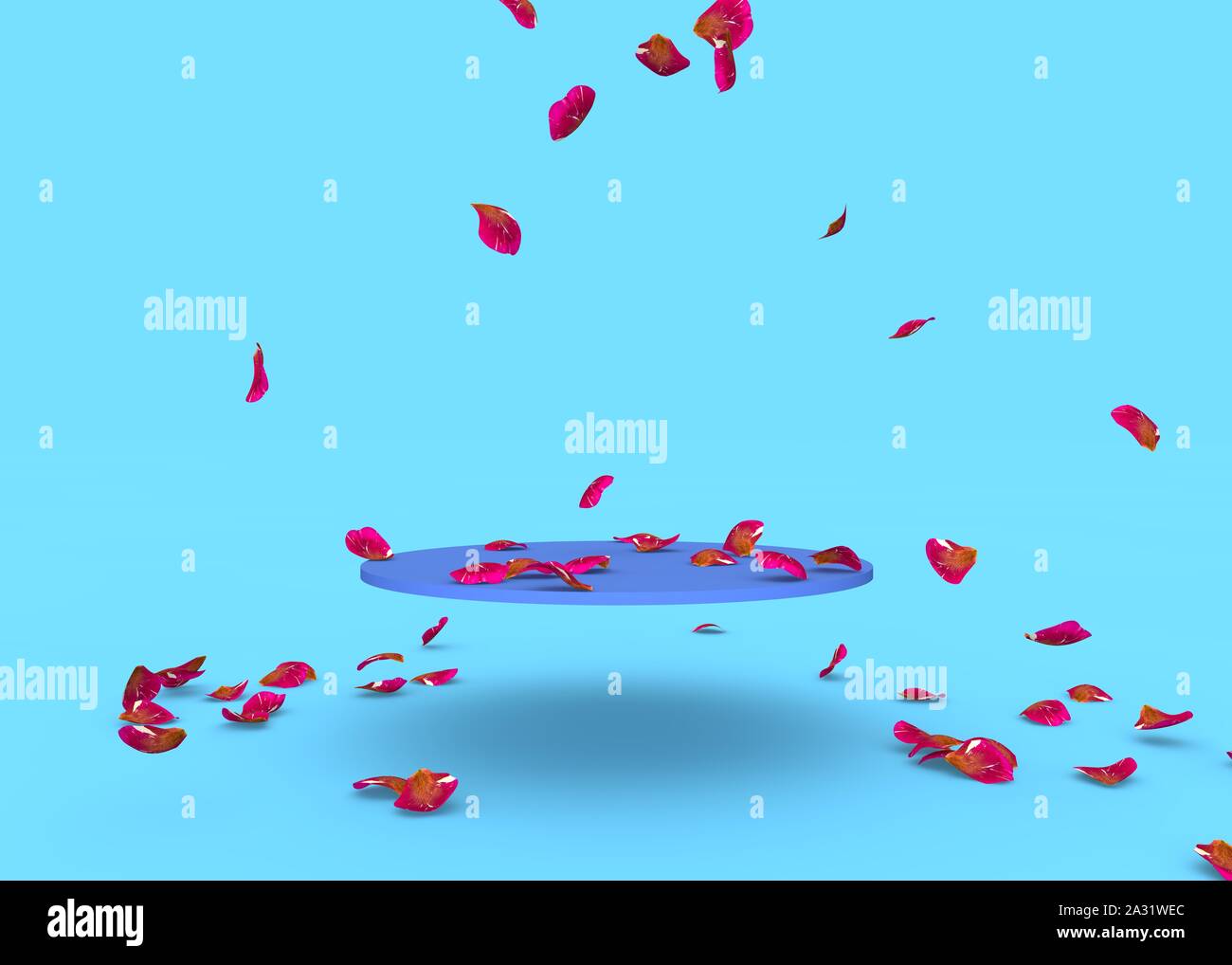 Red rose petals fall on the stand on a blue background. Free space on the stand for your design. 3D illustration Stock Photo
