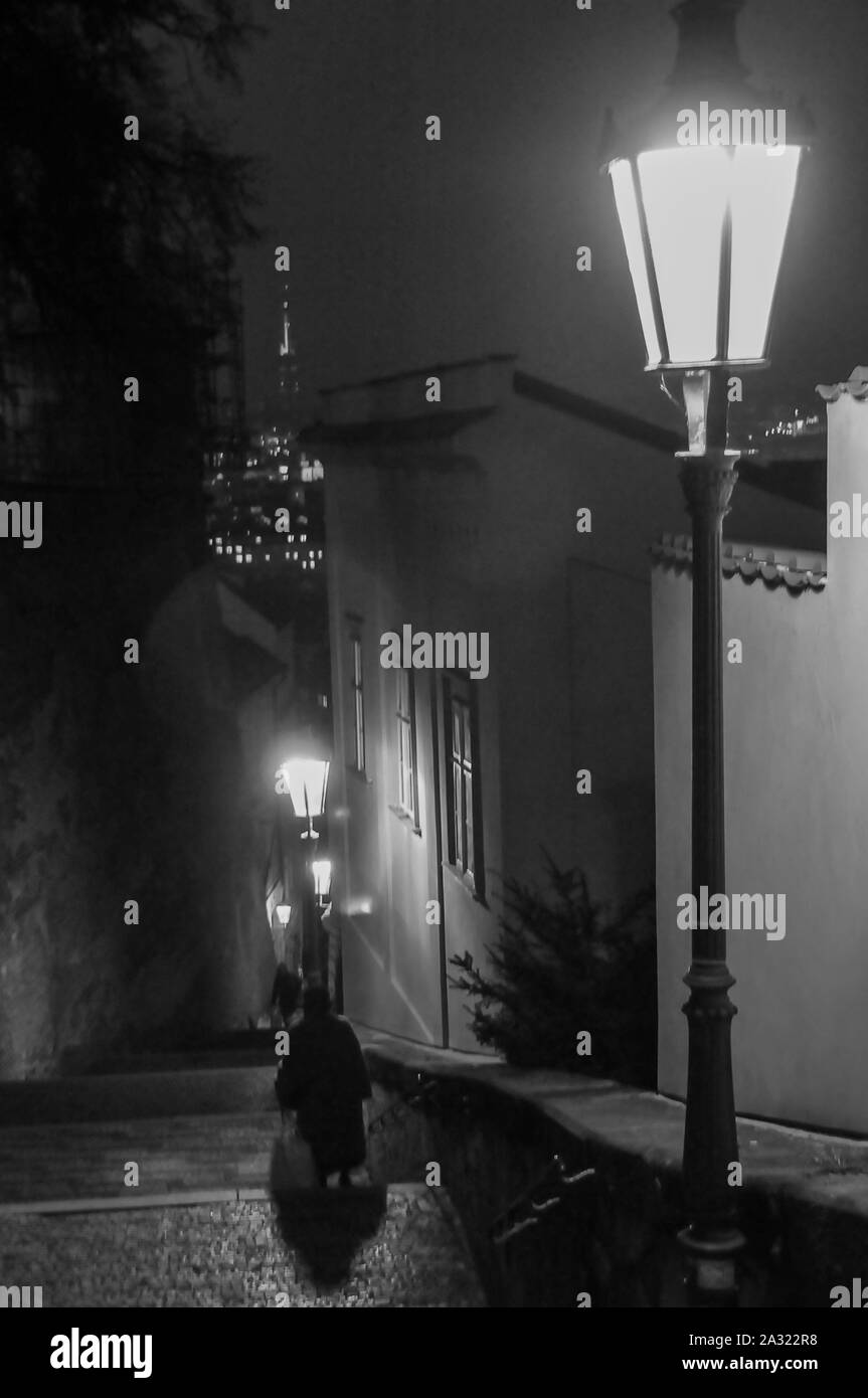 Woman silhouette by water at night Black and White Stock Photos ...