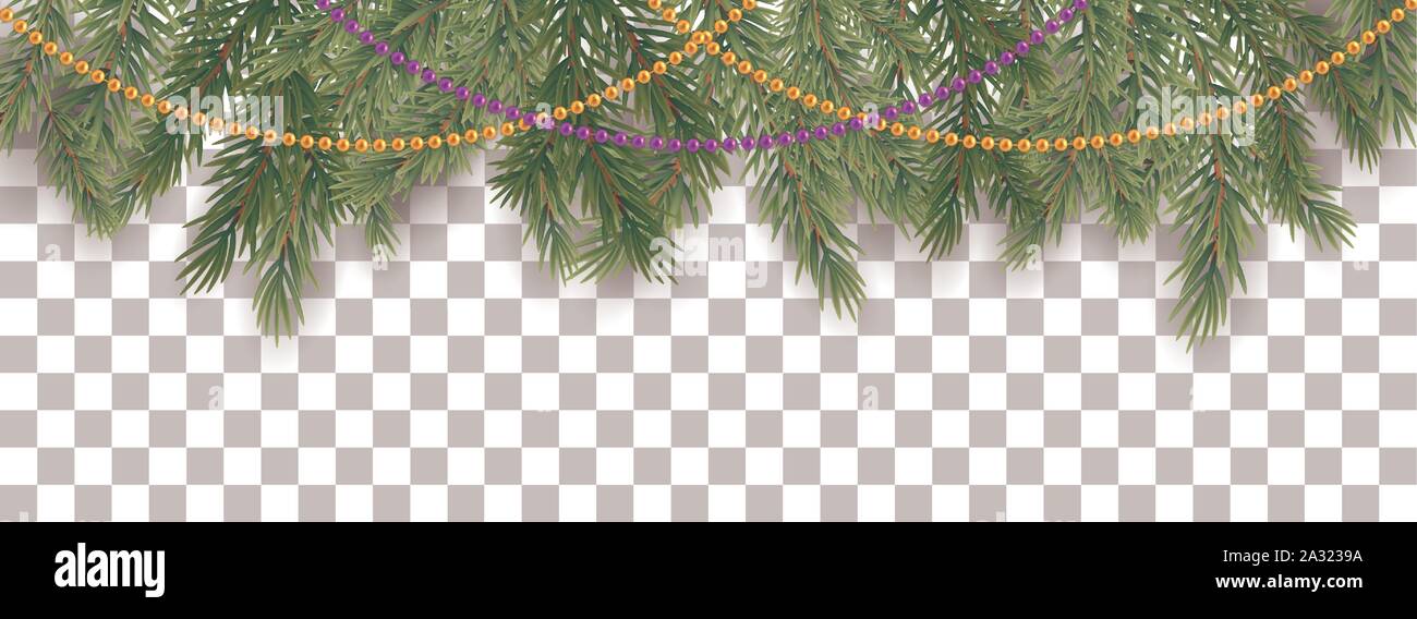 Merry Christmas and happy New Year border of tree branches and garland ...