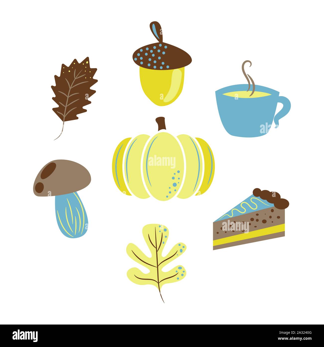 Autumn harvest objects pumpkin, acorn, pie, mushroom and leaves. Fall clip art. Stock Vector