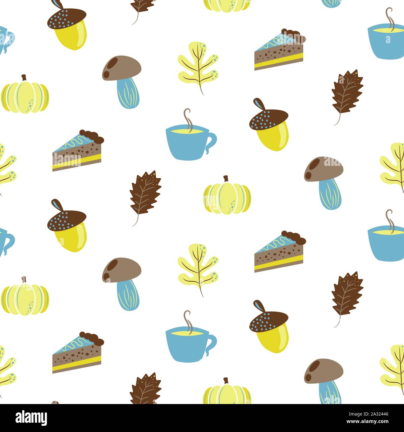 Autumn harvest objects pumpkin, acorn, pie, mushroom and leaves. Fall seamless pattern in blue and yellow colors. Stock Vector
