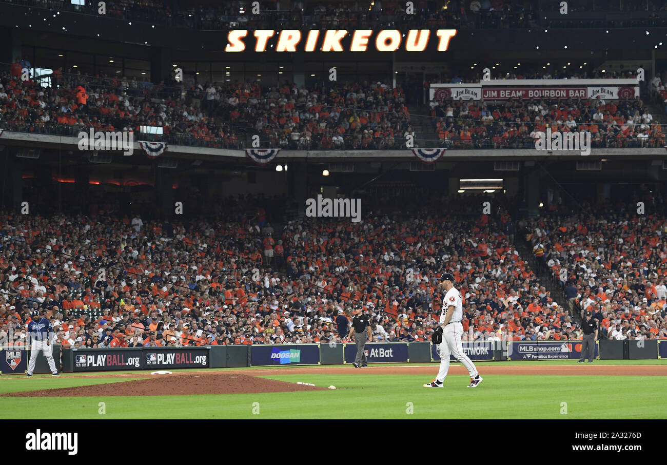 Houston, USA. 04th Oct, 2019. Houston Astros Justin Verlander walks back to the mound after a strikeout in the seventh inning of the American League Division Series game against the Tampa Bay Rays at Minute Maid Park in Houston on Friday, October 4, 2019. Photo by Trask Smith/UPI Credit: UPI/Alamy Live News Stock Photo