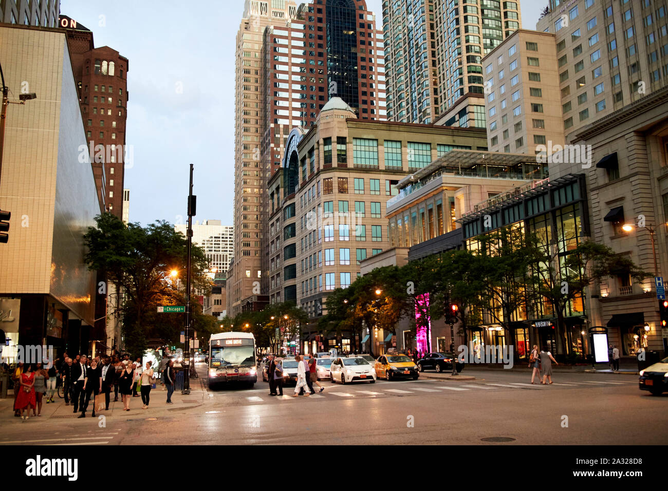 looking along magnificent mile from water tower place at dusk in chicago illinois united states of america Stock Photo