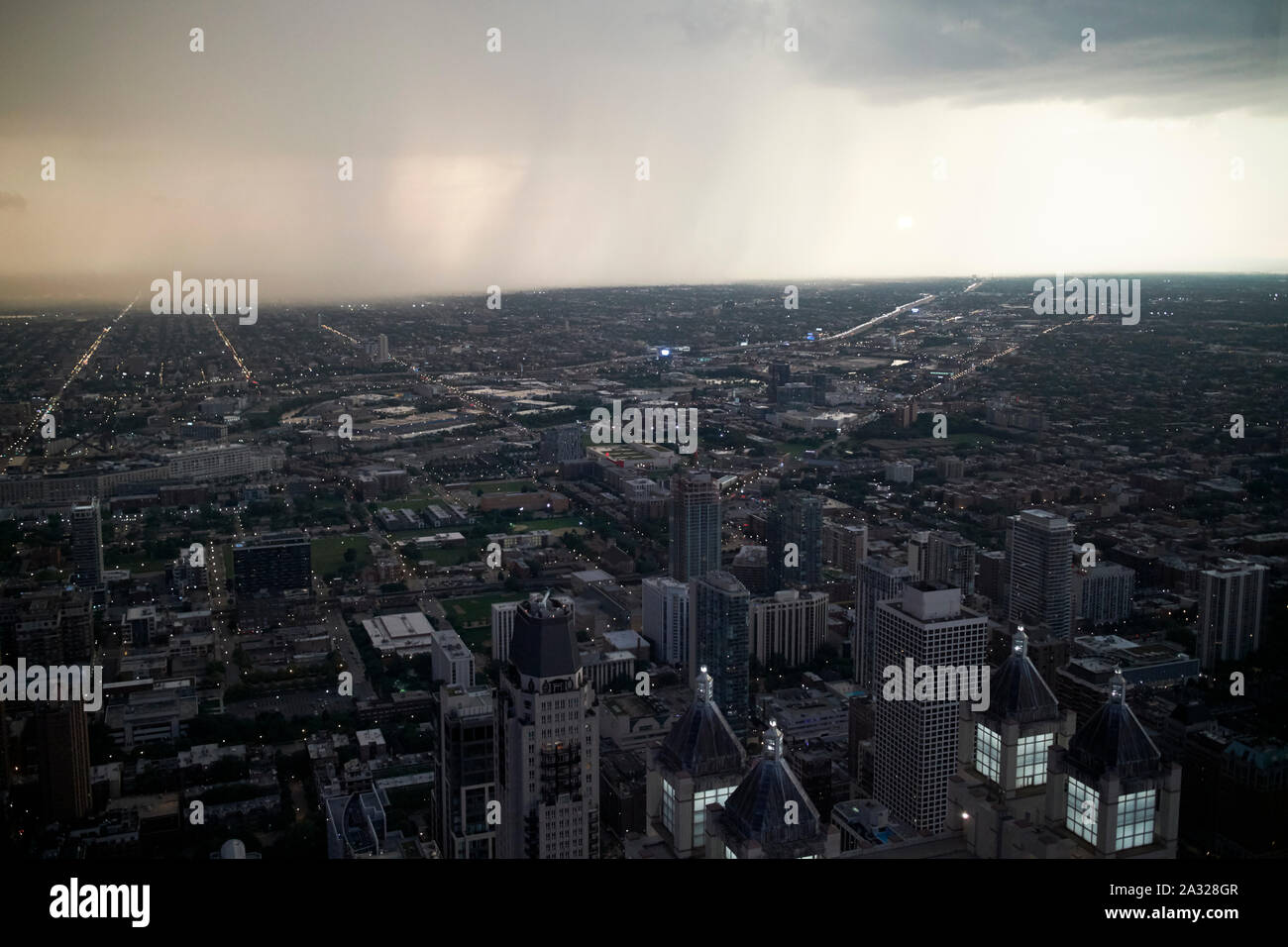thunderstorm and rainclouds over western chicago at sunset  chicago illinois united states of america Stock Photo