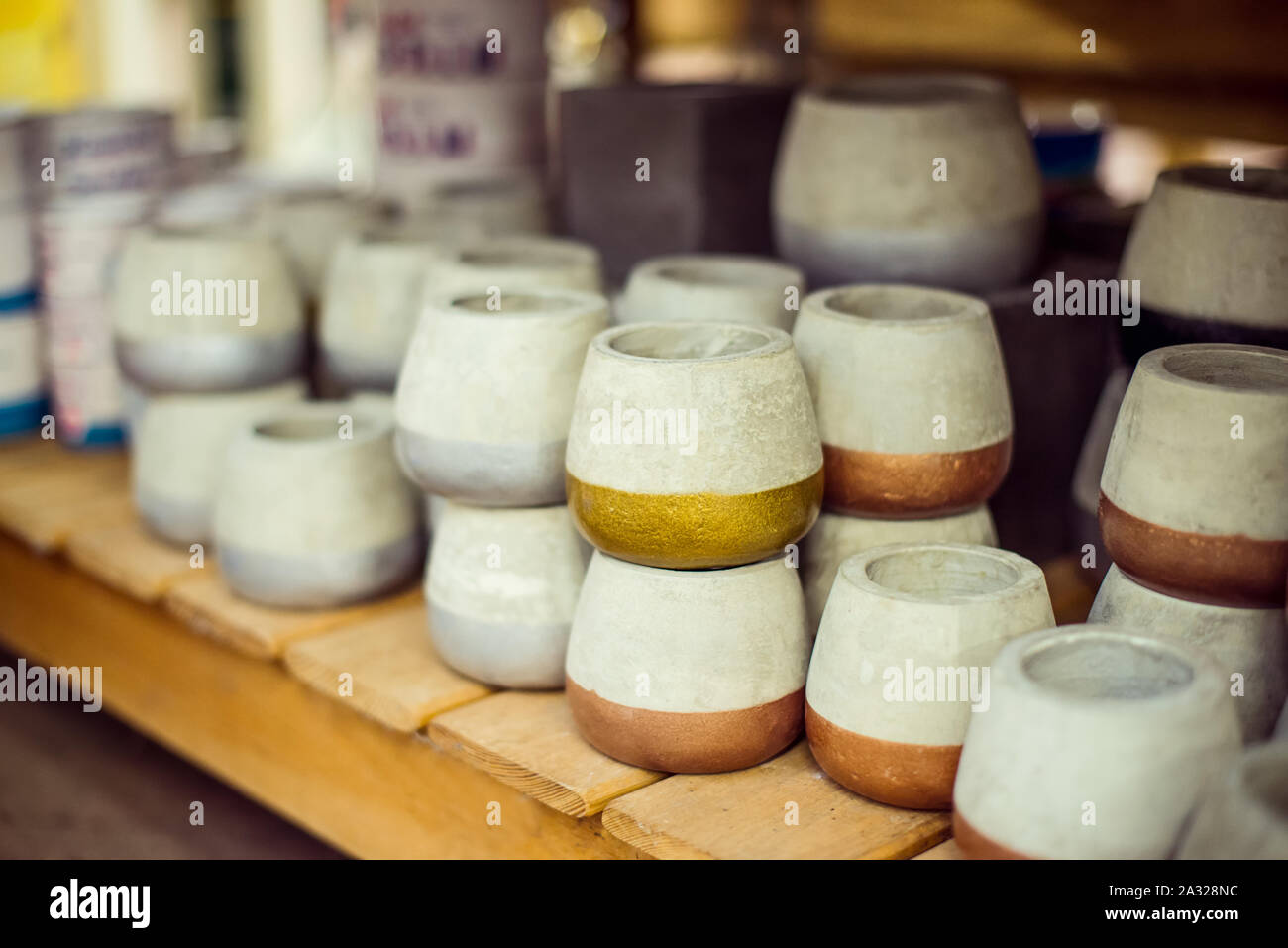 Assortment Of Gray Color Cement Flower Pots With Colored Part Selling In Gardening Store Pile Of Pots Made From Clay And Cement Modern Design And In Stock Photo Alamy