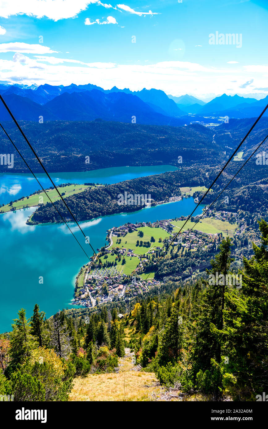 Aut View Idyllic view on Walchensee, lake Walchen with alps mountains from ...