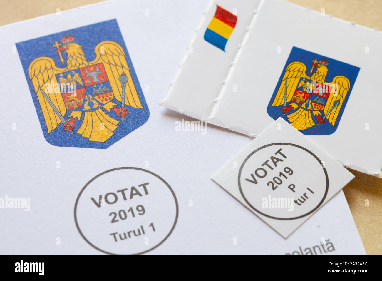 SAN ANTONIO, TEXAS - OCTOBER 4, 2019 - Envelope and seal with Romania's logo for presidential elections held in November.  Casting vote by mail Stock Photo