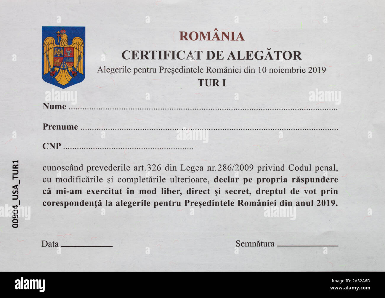 SAN ANTONIO, TEXAS - OCTOBER 4, 2019 - Romanian voting certificate, vote by mail on presidential ellections Stock Photo