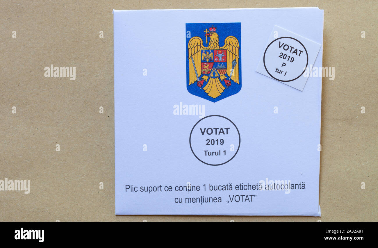 SAN ANTONIO, TEXAS - OCTOBER 4, 2019 - Envelope and seal with Romania's logo for presidential elections held in November.  Casting vote by mail Stock Photo